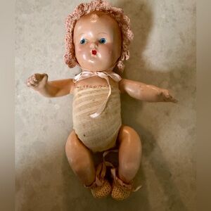 Vintage 1930's Composition Doll 9" American Made booties/undies/bonnet